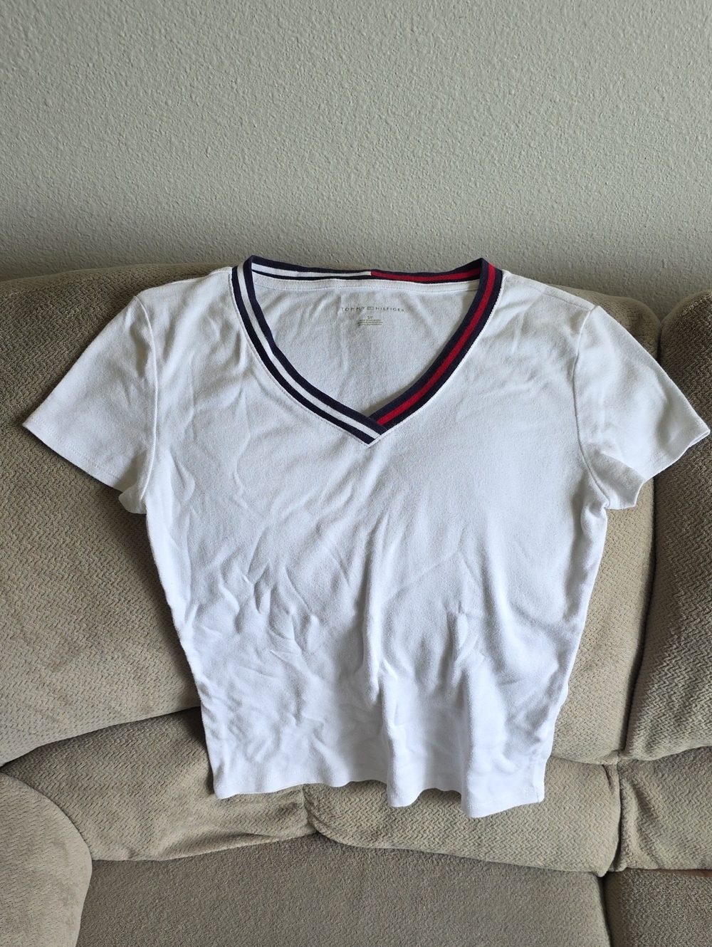 Tommy Hilfiger White V-Neck Tee with Navy & Red Trim